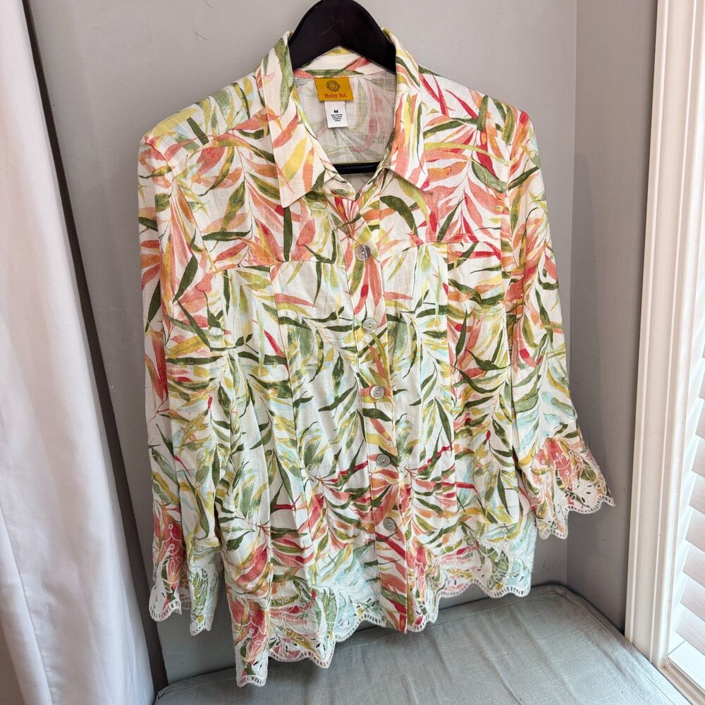 Ruby Road Shirt Women's M Cream Coral Green Linen Blend Scalloped Button Up